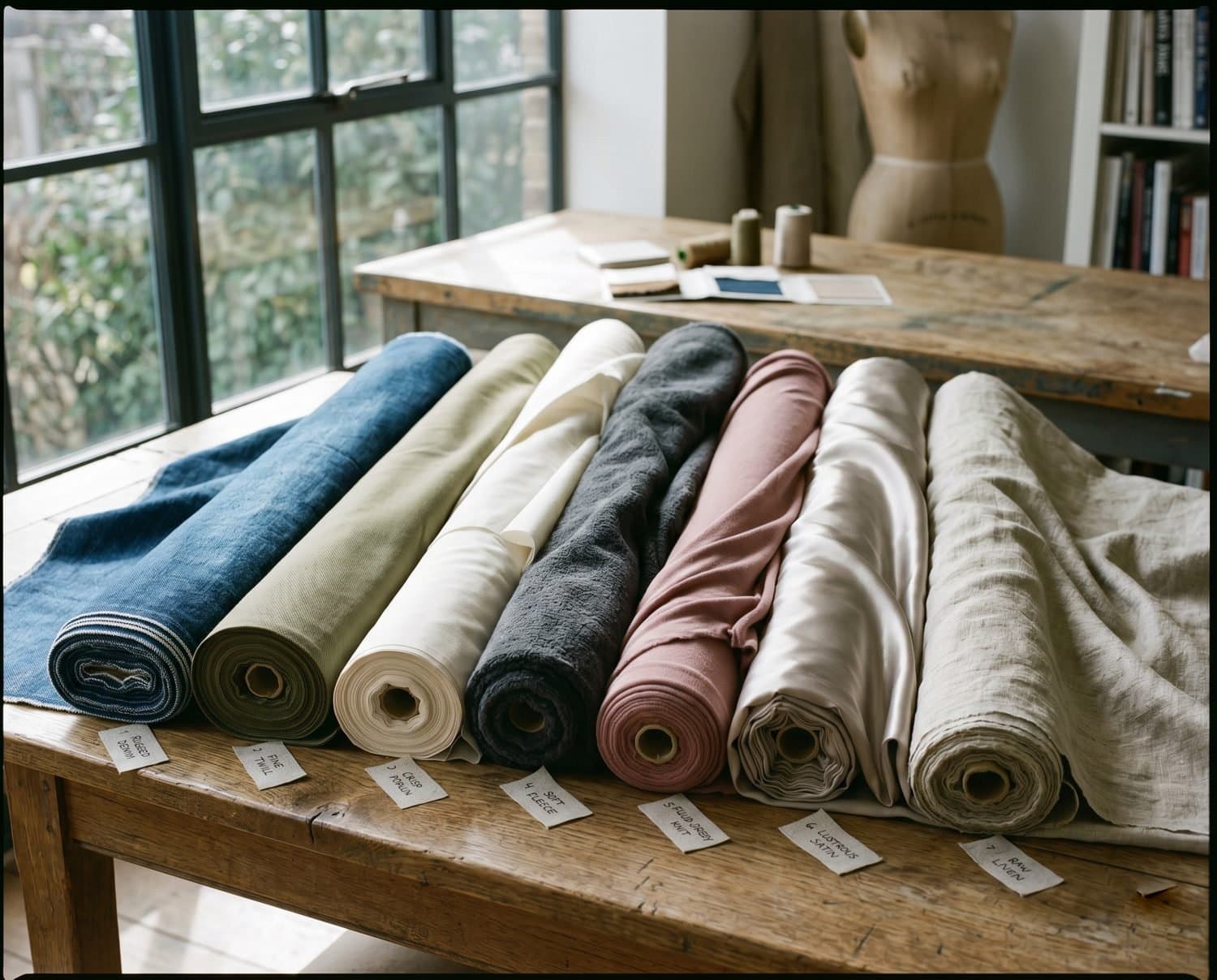 Premium fabric rolls fanned to show knit, woven & denim textures