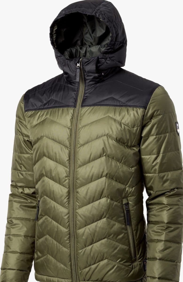 Olive & black hooded puffer jacket on mannequin