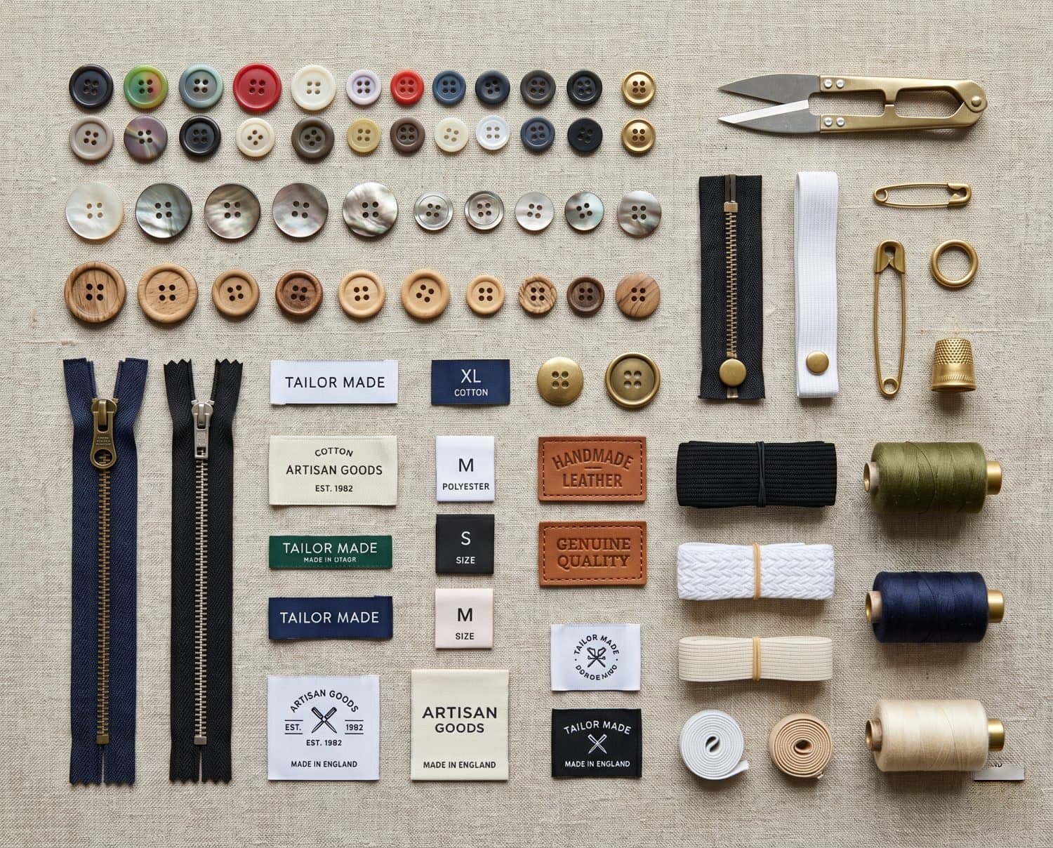 Flat-lay of garment accessories and trims